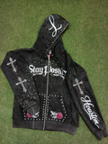 BLACK RHINESTONE ZIP HOODIE