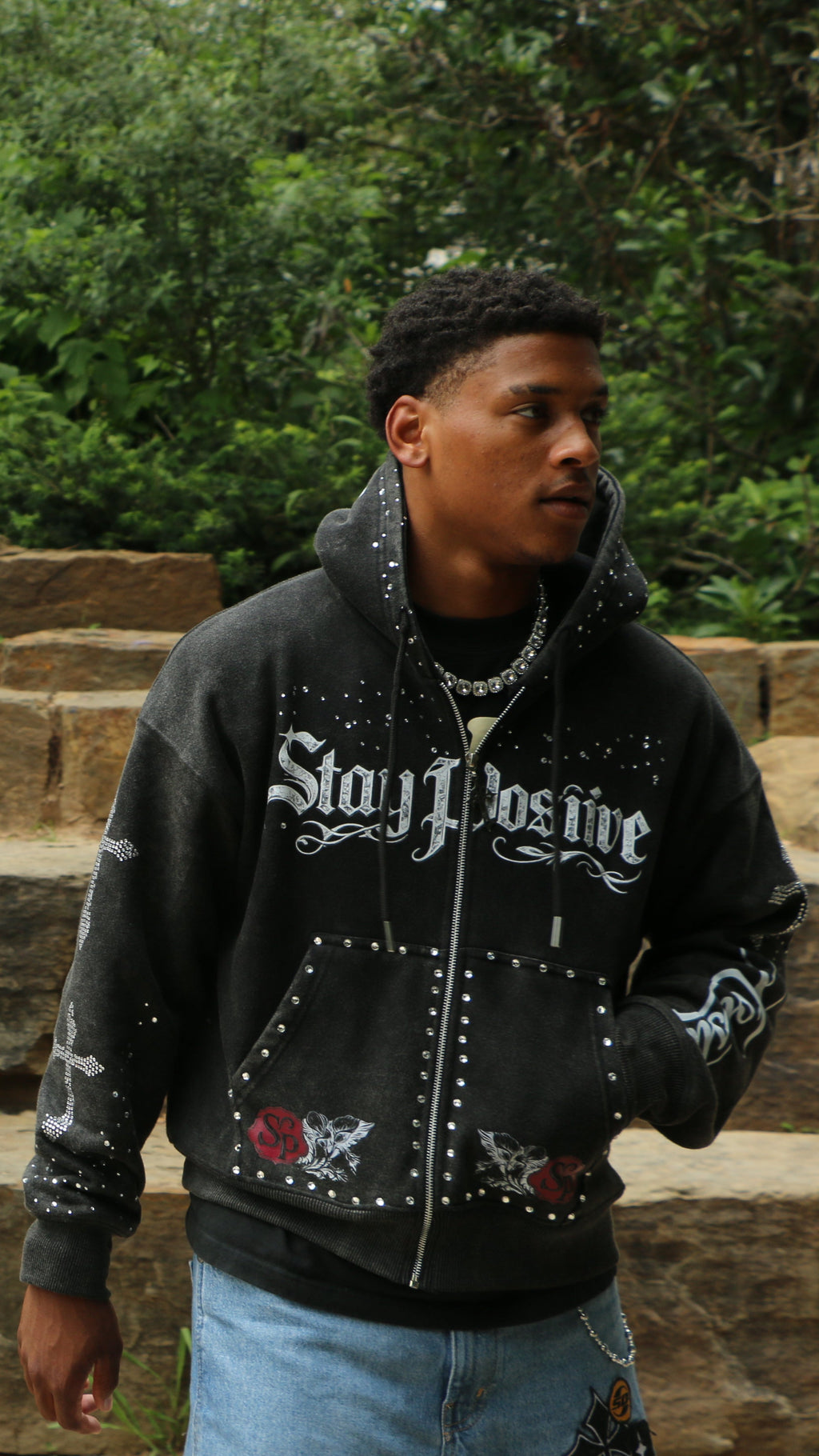 BLACK RHINESTONE ZIP HOODIE